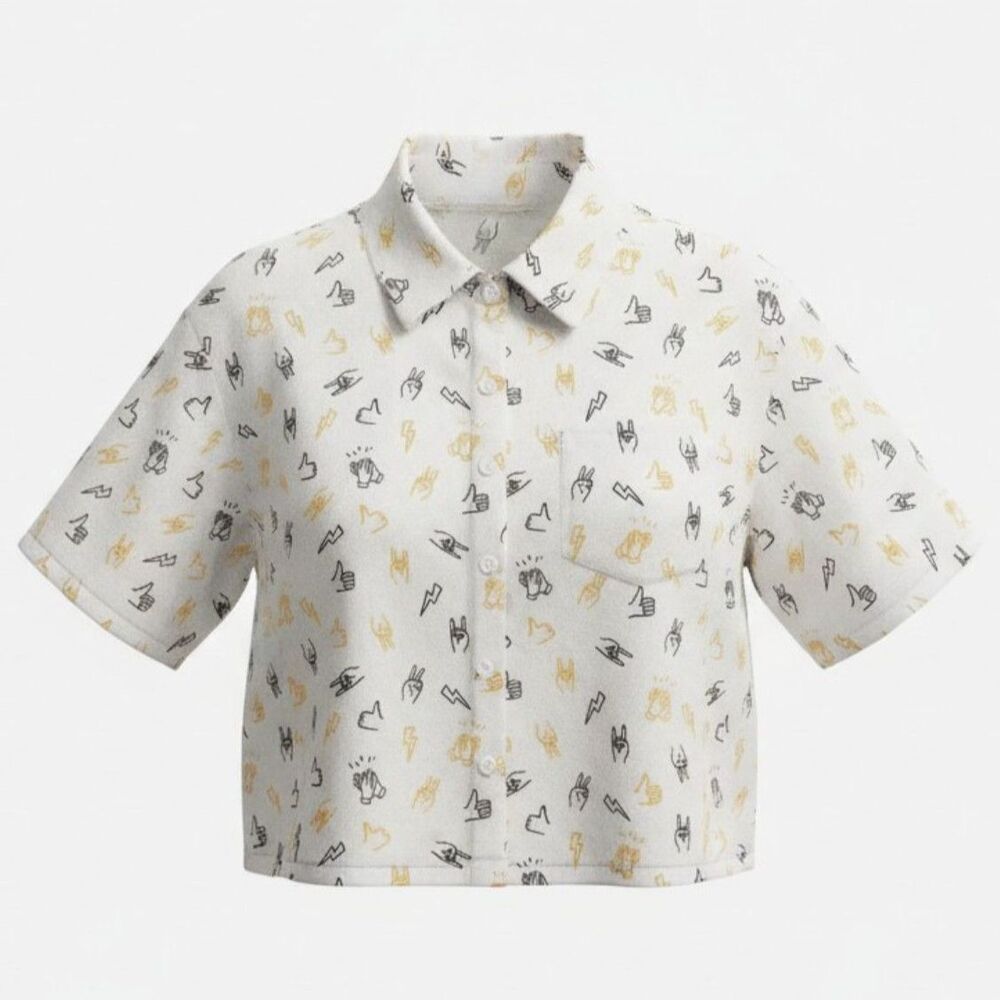 Forever 21 Cropped Button Up Top Small White Graphic Print Short Sleeve